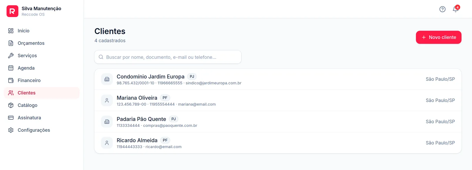 Lista de clientes cadastrados, com documento, telefone e e-mail
