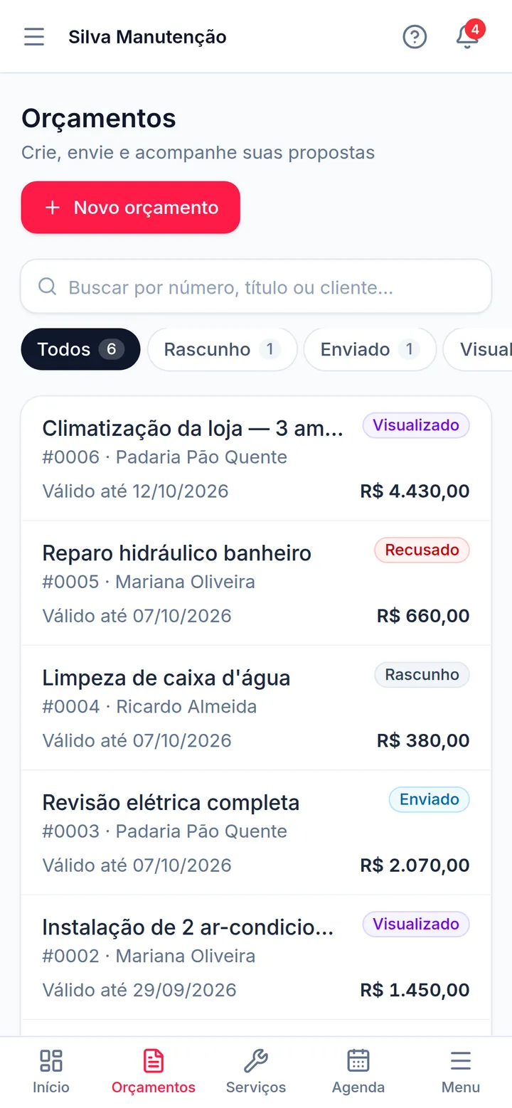 Lista de orçamentos no celular