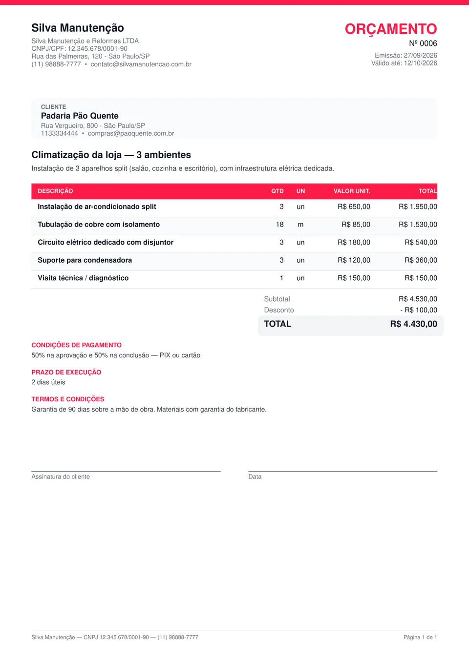 PDF do orçamento gerado pelo sistema, com dados da empresa, do cliente, itens e total