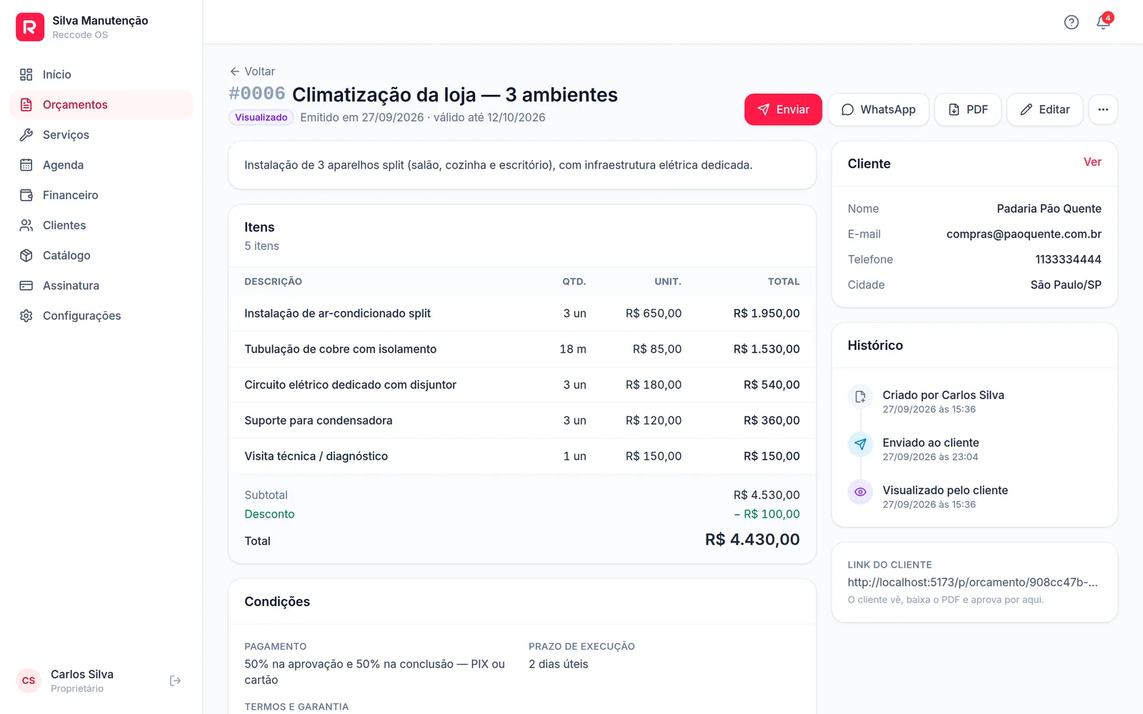 Tela de um orçamento no Reccode OS com itens, total, histórico e os botões Enviar, WhatsApp e PDF